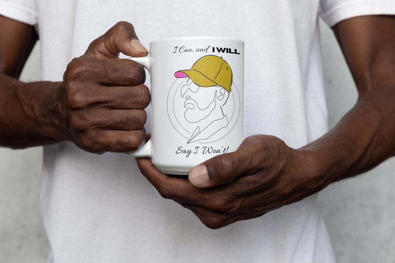 Picture of a man holding a white  mug with a man in colorful cap with the empowerment affirmation   I can and I will